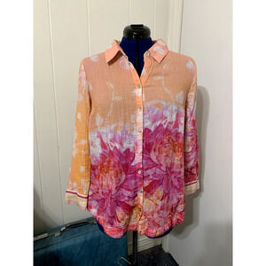 Soft Surroundings Altura Pink Orange Floral Med Button Up Shirt Tunic Blouse